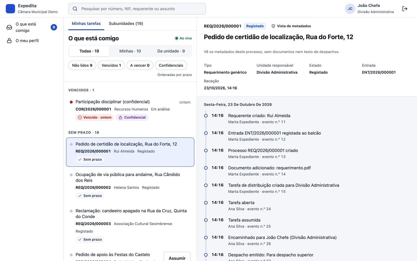 A caixa «O que está comigo» de um chefe de divisão: 19 tarefas ordenadas por prazo, uma vencida e confidencial, e à direita o histórico do processo REQ/2026/000001.
